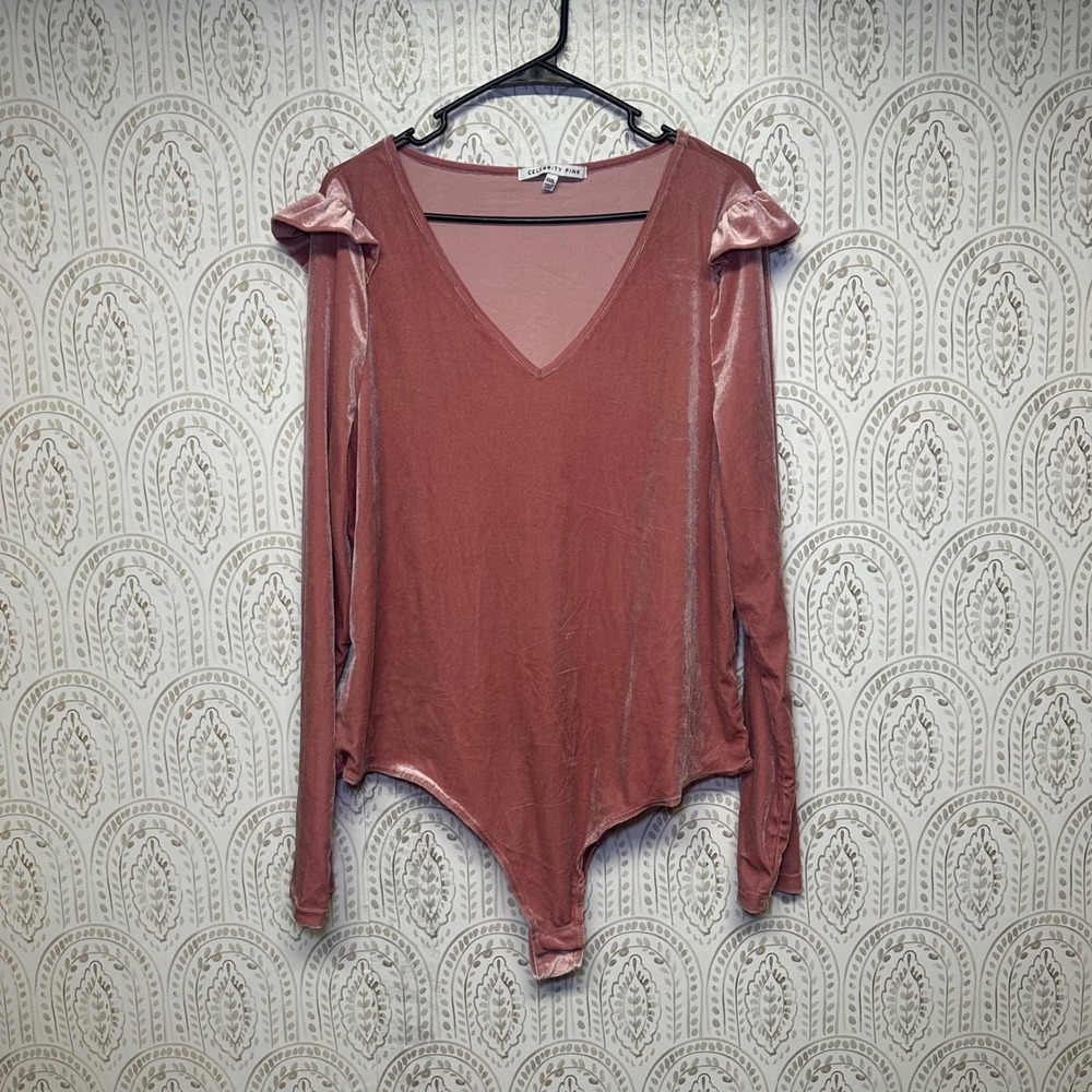 CELEBRITY PINK Velvet Ruffle Sleeve V Neck Bodysuit Rose Pink‎ XXXL